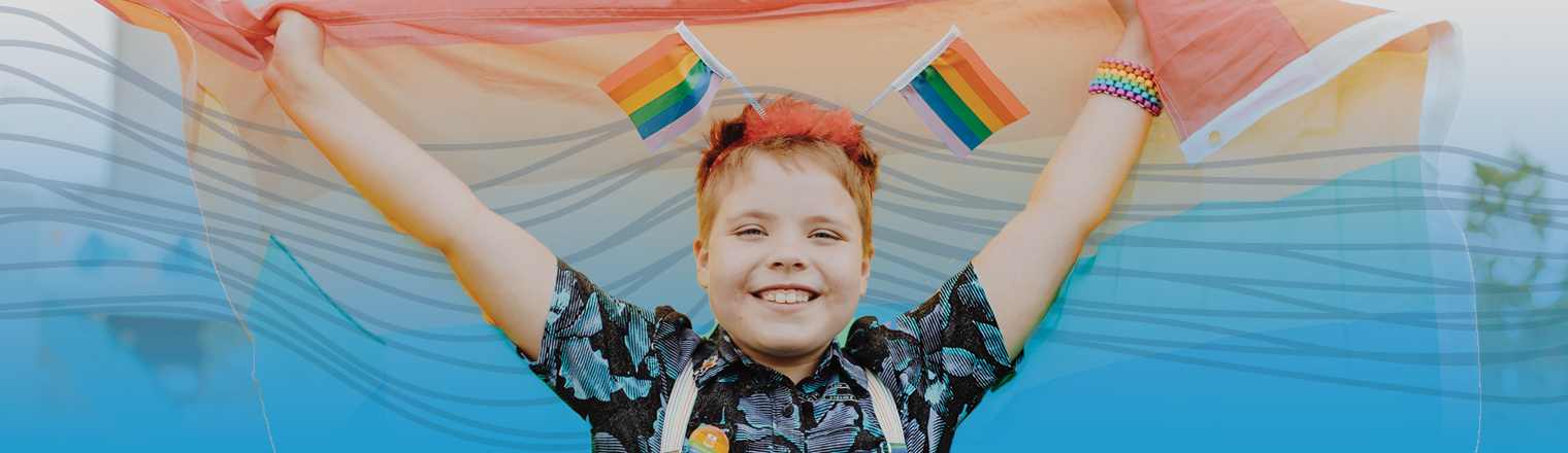 Person at the Pride Festival. Blue gradient and spectrum are applied behind them